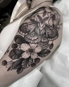 Moth and Flowers Dot Blackwork Tattoo
