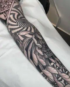 Leg Sleeve Floral Blackwork Tattoo