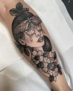 Woman, Moth and Flowers Blackwork