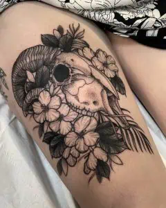 RamSkull and Flowers Blackwork Tattoo