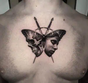 Black and Grey Tattoo on Chest