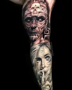 Two faces black and grey tattoos