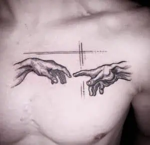 The Creation of Adam hands etching tattoo