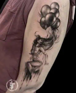 Woman and Baloons Black and Grey Tattoo