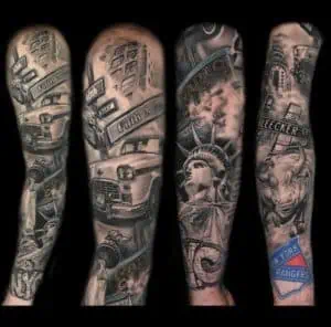 New York full sleeve black and grey tattoo by London black and grey tattoo artist Pawel Stroinski tattoo artist
