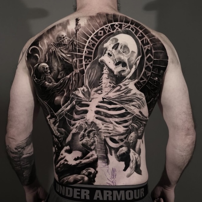 Skeleton Realism Black and Grey Tattoo Back Piece